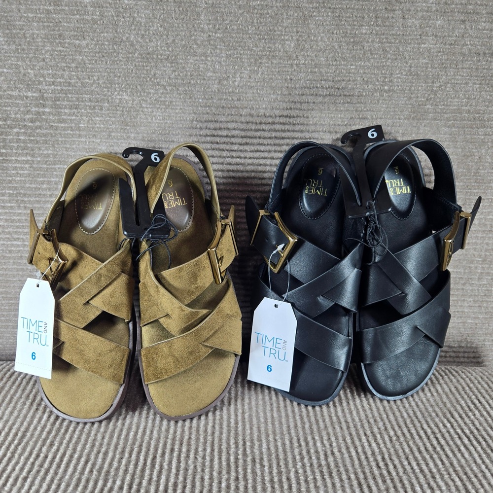 Time and Tru Womens 6 Olive Black X Band Buckle‎ Memory Foam Sandals Bundle